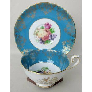 Vintage Shelley China England Blue Gold Fruit Tea Cup & Saucer 0672‎